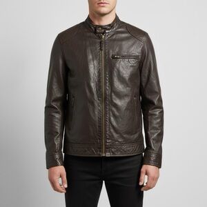 Men's Brown Leather Jacket size Medium Zip Up Biker Wear Cuff Wrist